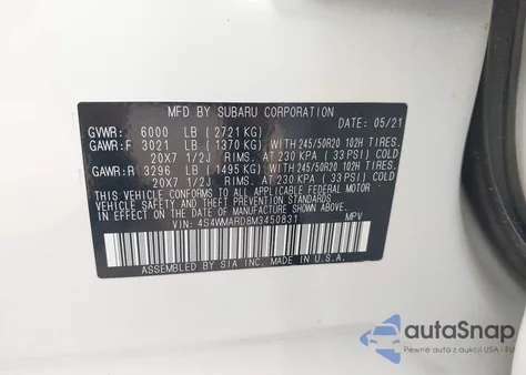 2021 Subaru Ascent Touring z USA, uszkodzony, nr VIN 4S4WMARD8M3450831